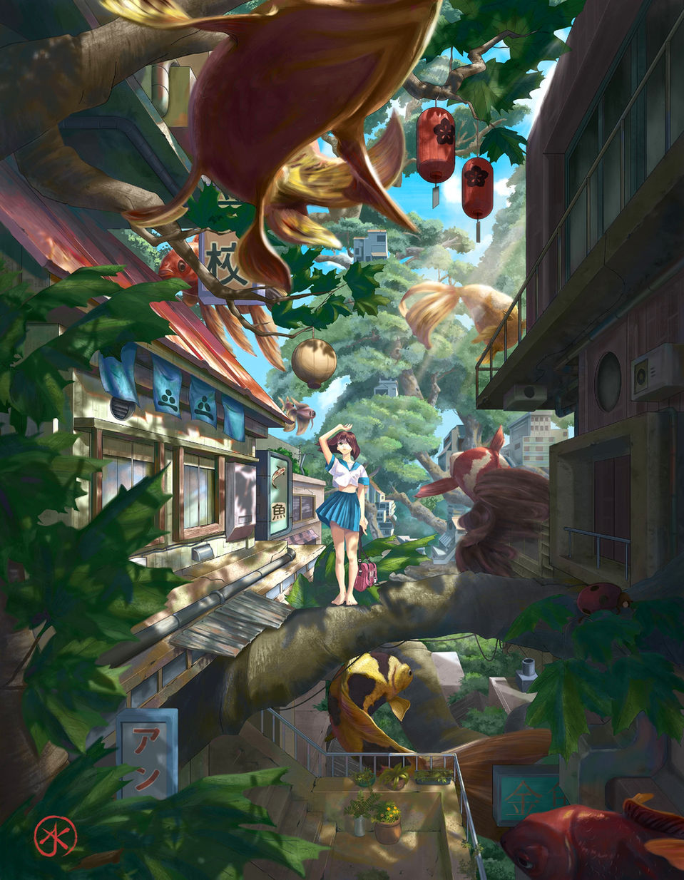 Digital illustration by Anna Karen, surreal Japanese street with a schoolgirl and flying koi fish in the sky.