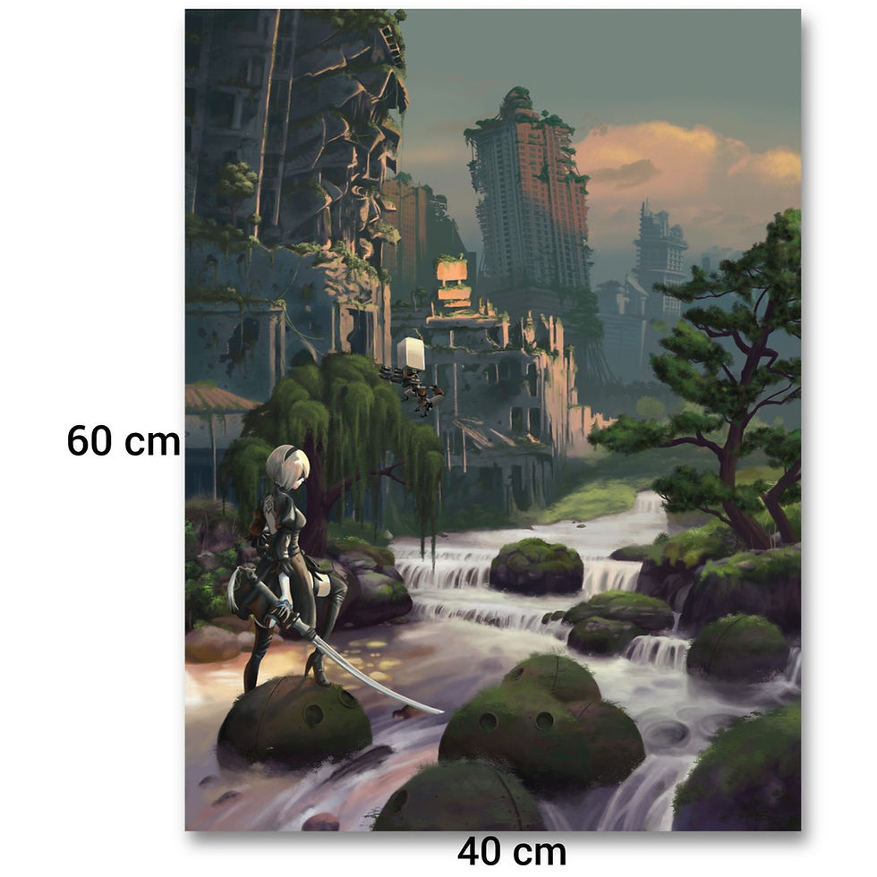 Miniature : Fanart poster print by Anna Karen of 2B from NieR Automata standing in a river surrounded by overgrown post-apocalyptic ruins