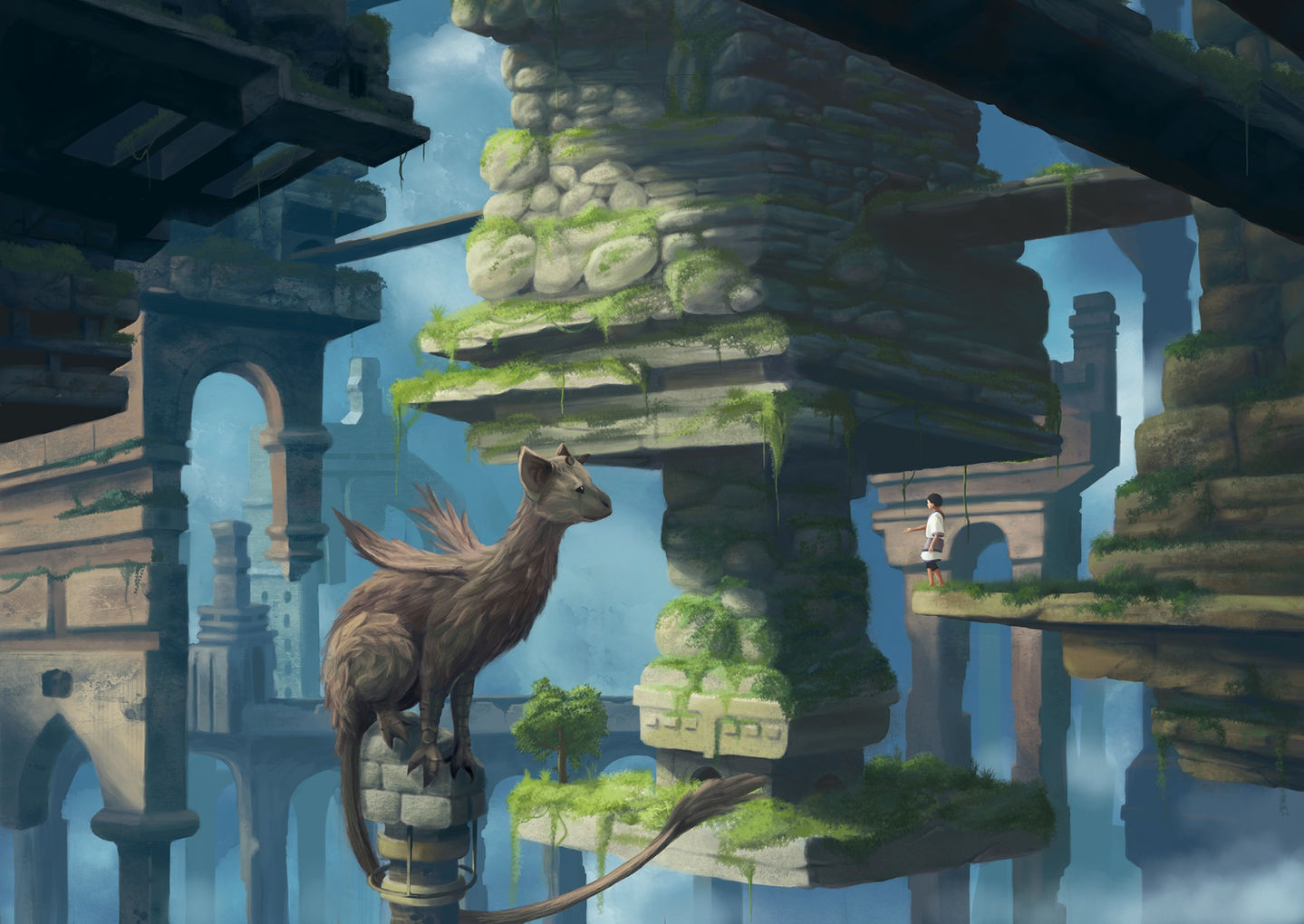 Fanart of The Last Guardian showing Trico and the boy looking at each other among ancient ruins.