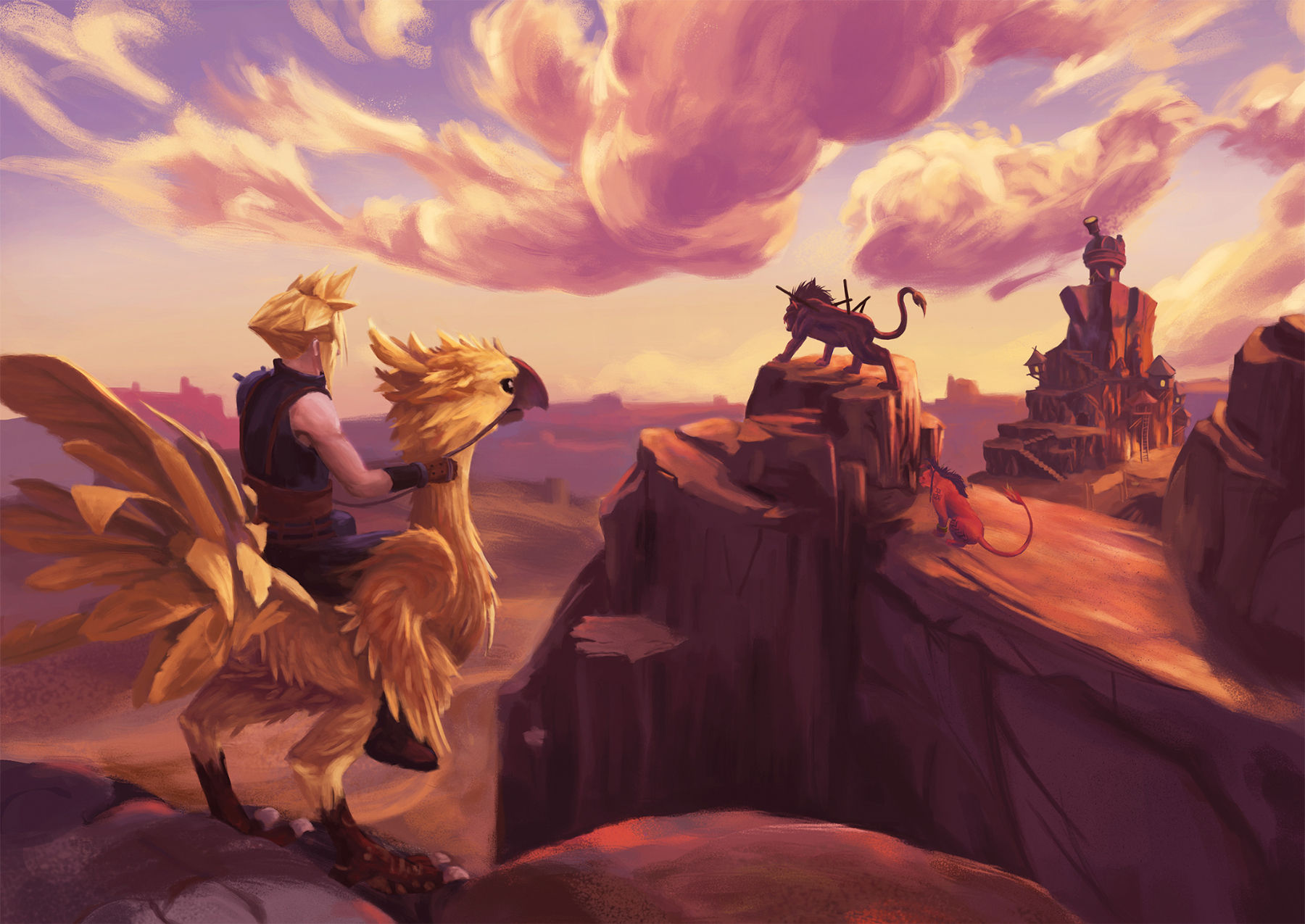 Final Fantasy VII fanart by Anna Karen showing Cloud on a chocobo and Red XIII at Cosmo Canyon with Nanaki’s petrified father