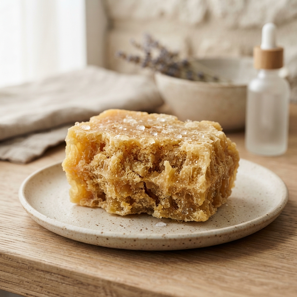 Organic beeswax on a ceramic dish