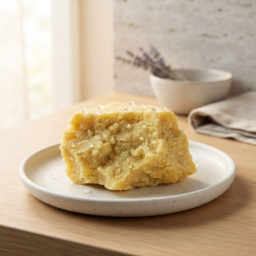 Unrefined yellow shea butter on a ceramic dish