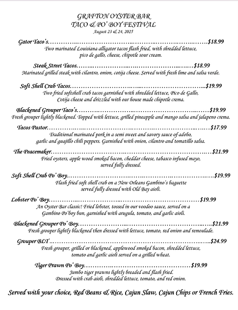 Grafton Oyster Bar Taco Po'Boy Festival Menu