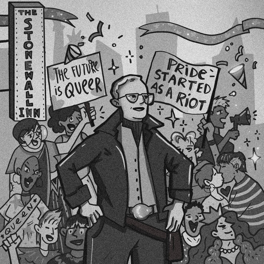 a black and white drawing of the iconic Storme Delarverie holding a sign that says the future is queer
