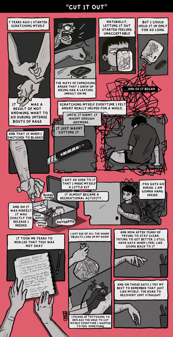 a comic strip about a person dealing with self harm (NSSI)