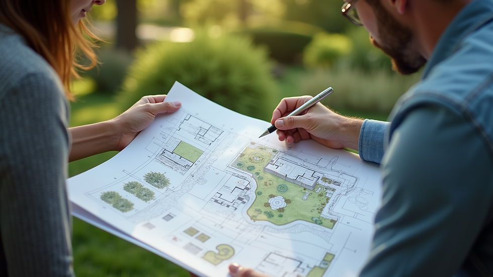 Eye-level view of a landscape architect reviewing garden plans with a client