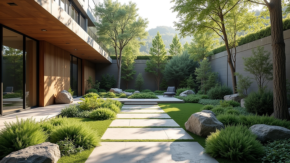 Wide angle view of a modern garden with stone pathways and mixed plantings