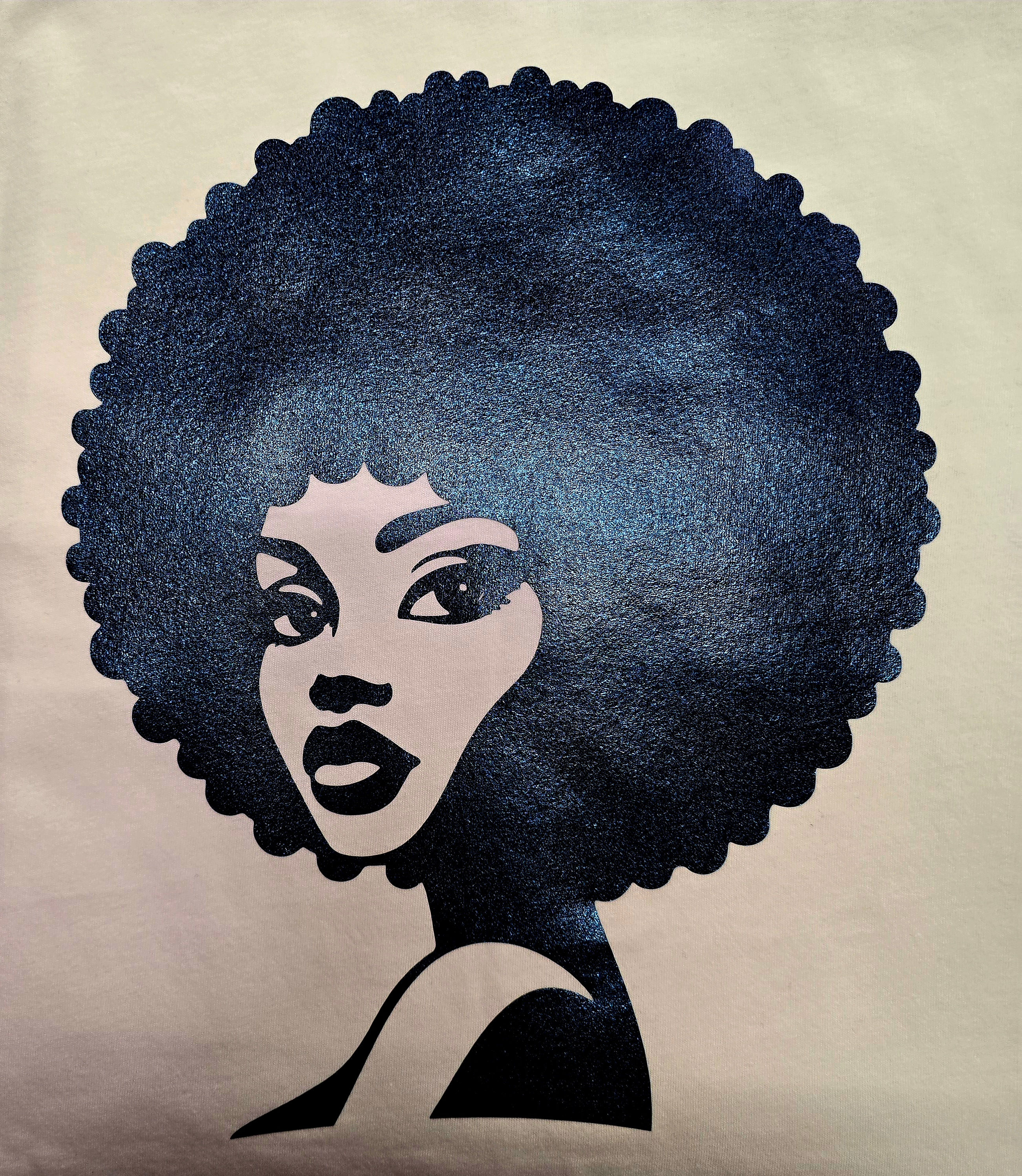 " Shimering blue afro woman" white short sleeve T-shirt 