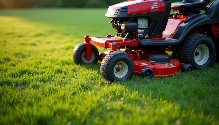 High angle view of a well-maintained lawn mower on a green lawn in Newfane, NY