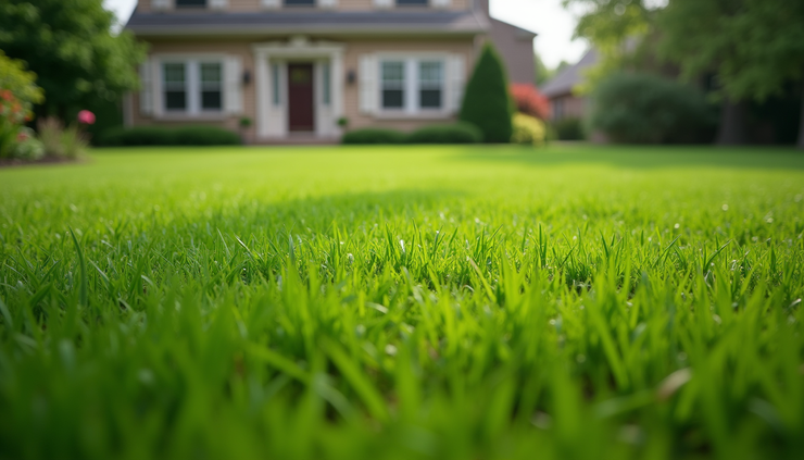 Eye-level view of a freshly mowed green lawn in a suburban Lockport yard