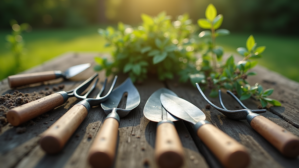 Close-up view of gardening tools laid out on a wooden bench