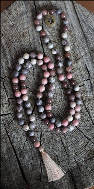 Ruby in kyanite, Lepidolite, Rose Quartz, Sandalwood				
Rhodochrosite, White Fossil Jasper, Bone skulls
Porcelain jasper, Rhodonite, Purple Aventurine