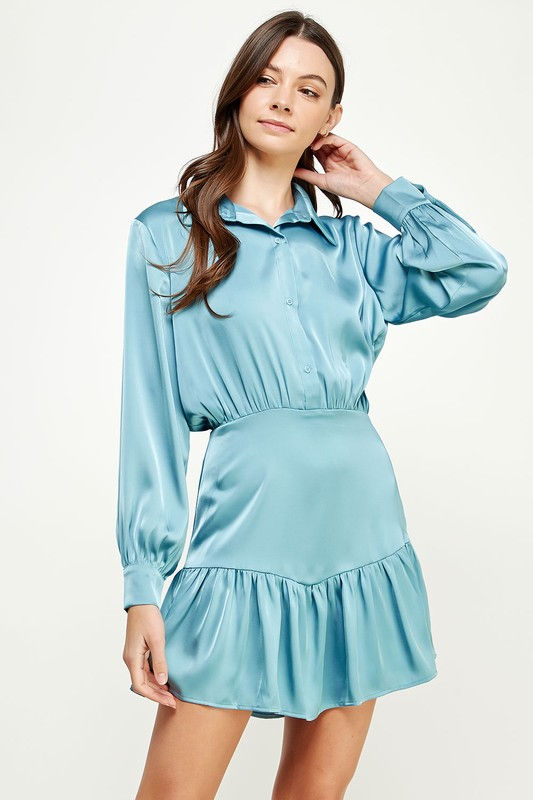 Miniatura: Naomi Blue Ruffled Skirt Button Up Mini Dress in Satin Fabric