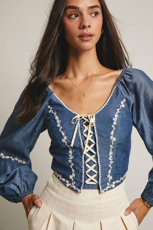 Miniatura: Ileana Lace-up Embroidered Puff Sleeve Top