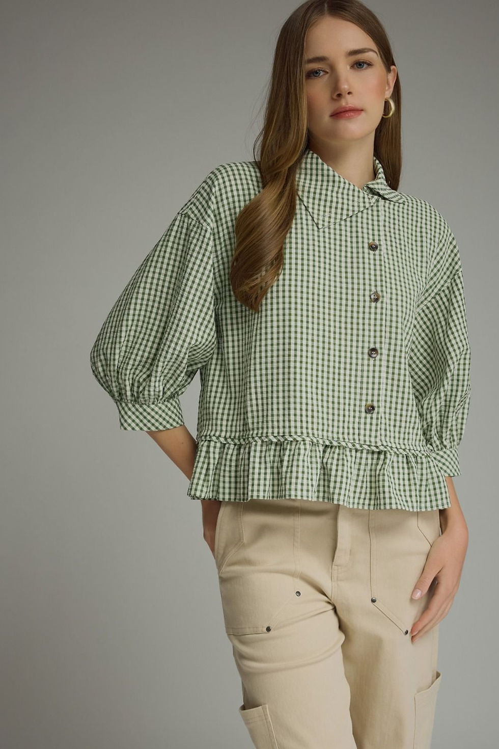 Miniatura: Maura Gingham ¾ Puff Sleeve Top