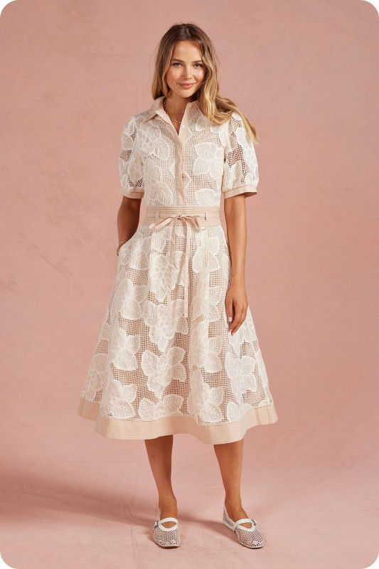 Miniatura: Aurey Floral Mesh Crochet Collared Shirt Midi Dress