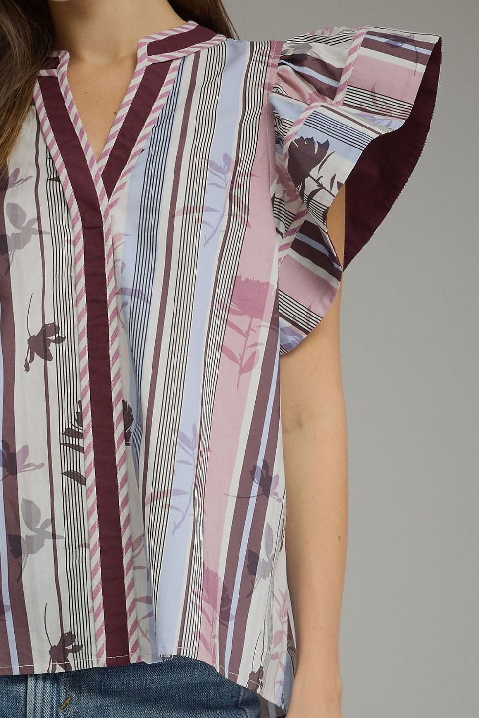 Miniatura: Pura Floral Stripe Print Short Flutter Sleeve V-neck Top