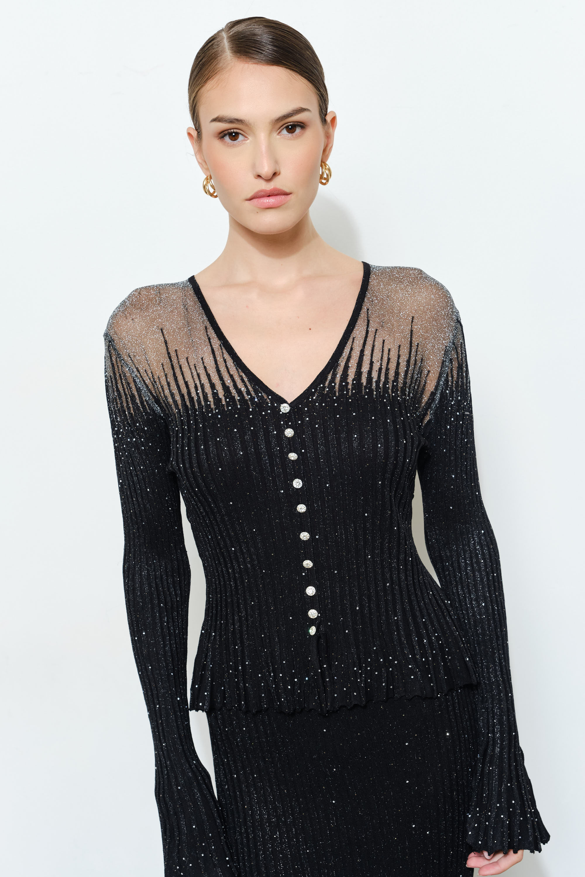 Esther Metallic Lurex Hotfixs Jeweled Button Blouse