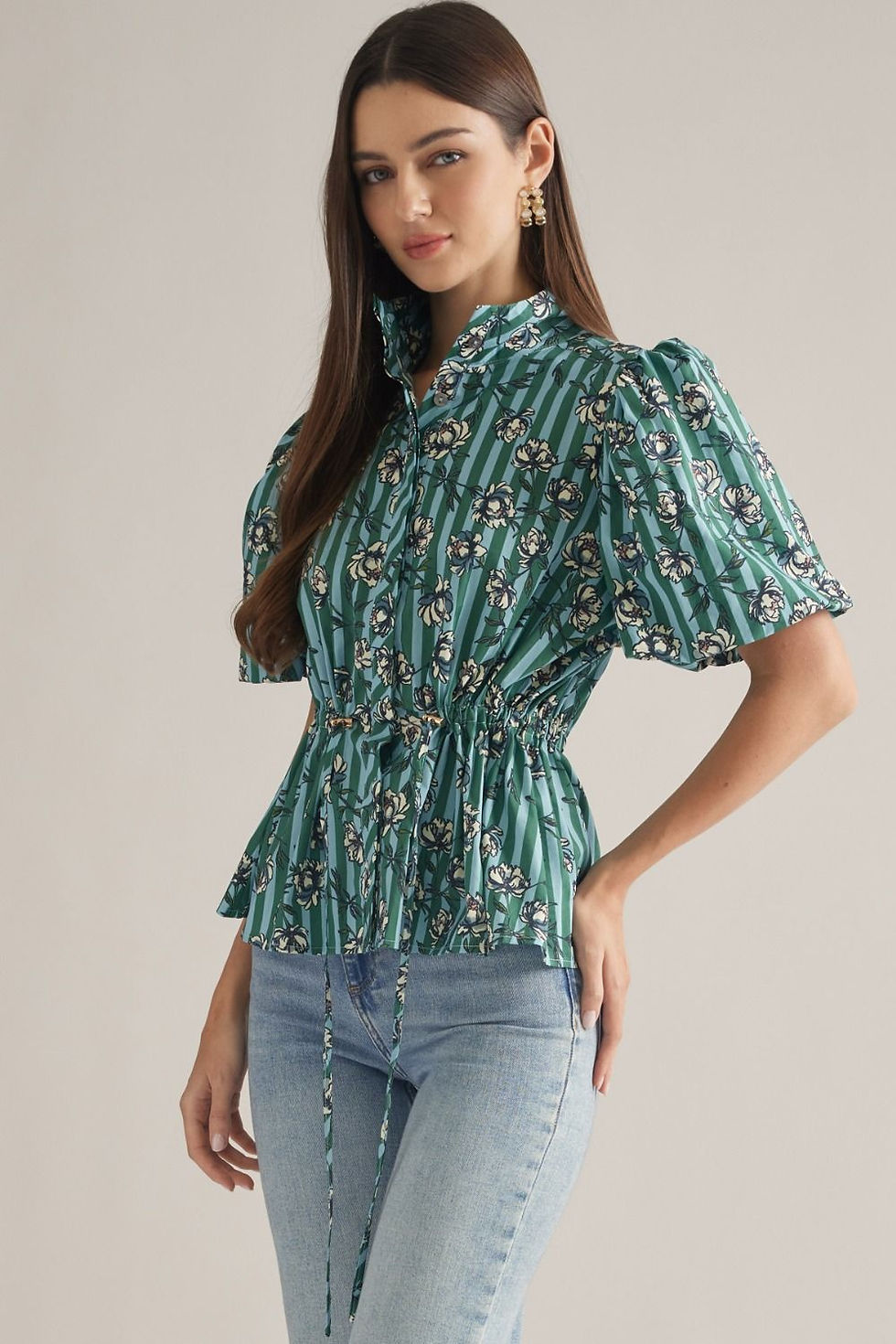 Miniatura: Jadie Stripe Floral Short Puff Sleeve Top