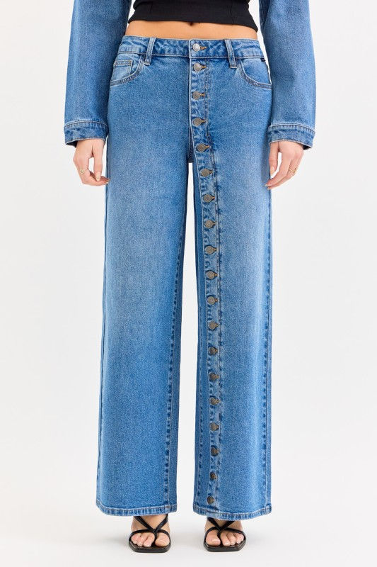 Emilia High Rise Buttoned Wide Leg Denim Pants