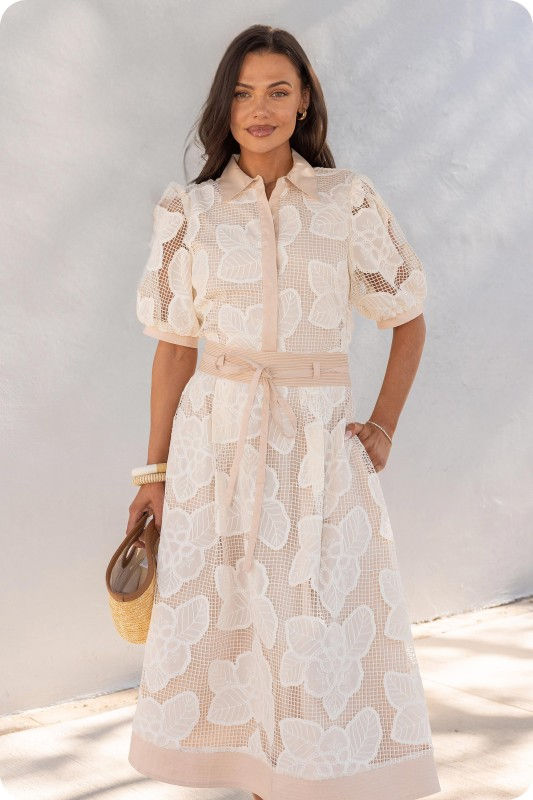 Miniatura: Aurey Floral Mesh Crochet Collared Shirt Midi Dress