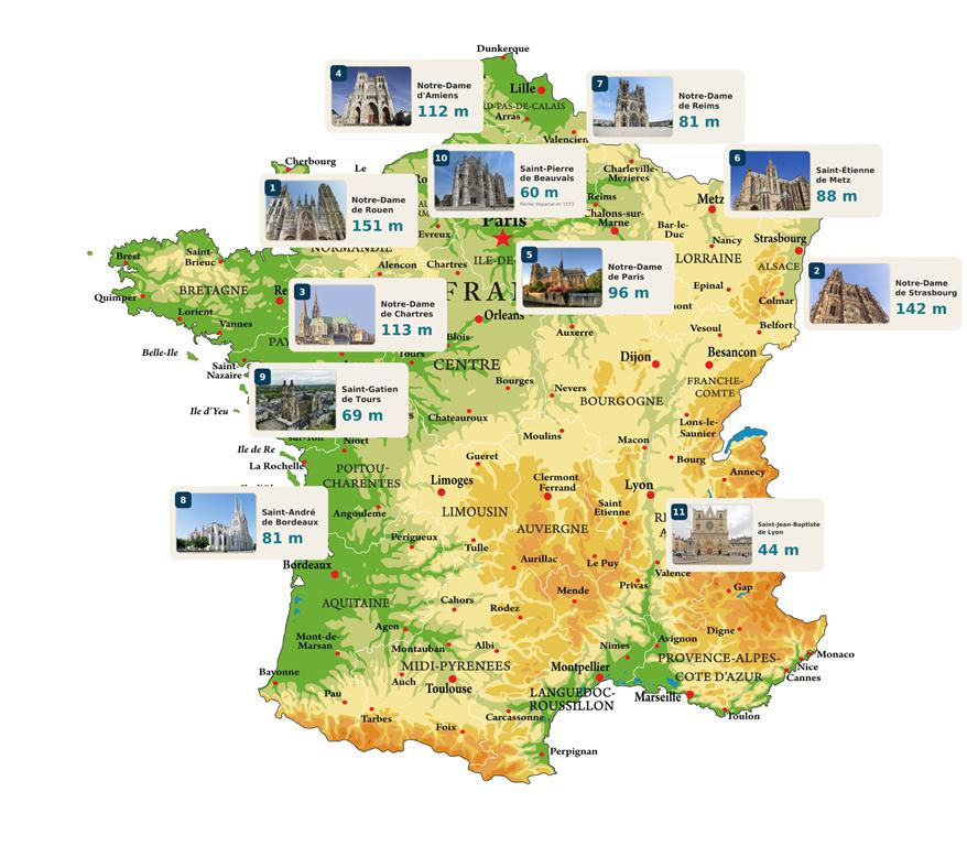 Carte de France localisant onze des plus grandes cathédrales et la hauteur de leurs tours, de Rouen à Lyon