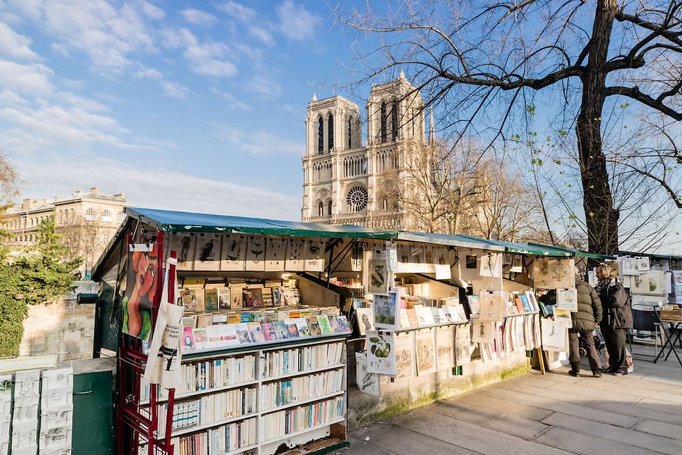 Bouquinistes sur les quais de Seine avec Notre-Dame de Paris en arrière-plan