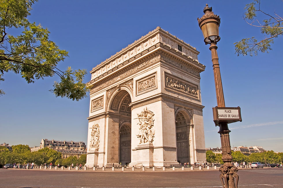 Arc de Triomphe sous un ciel bleu à Paris, avec un lampadaire et un panneau "Place Charles de Gaulle". Arrière-plan de verdure.