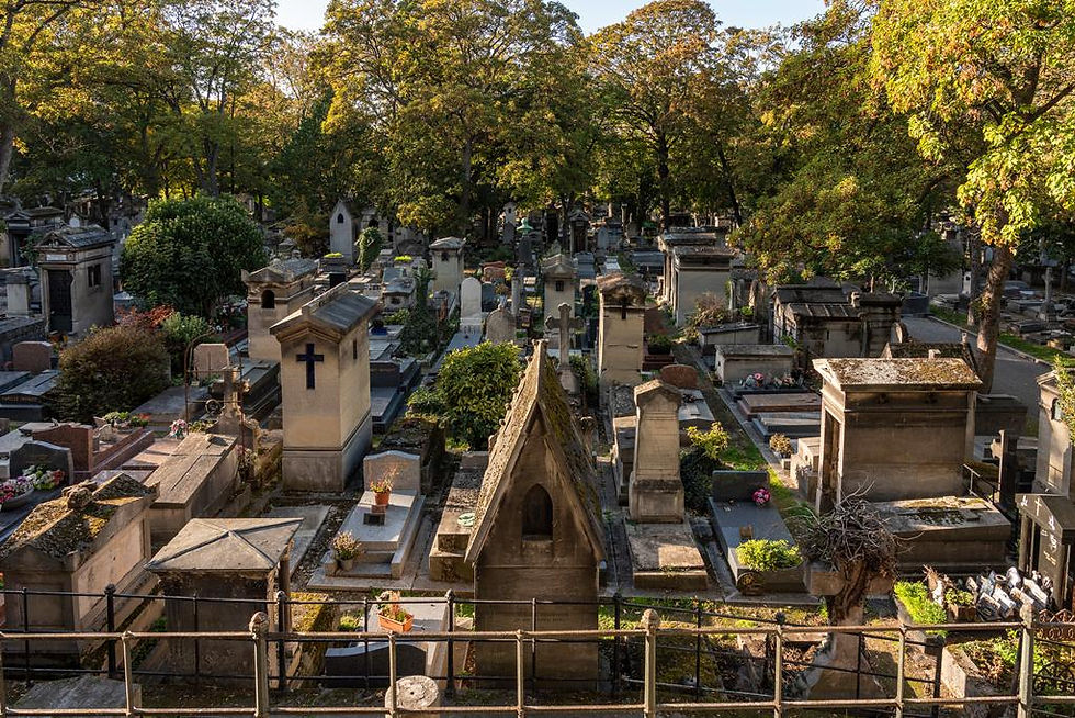Vue plongeante sur les chapelles et les tombes du cimetière Montmartre, derrière une rambarde métallique