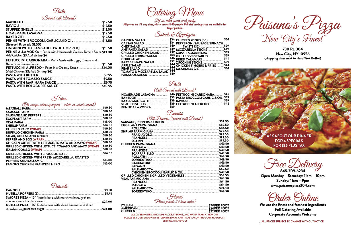 Menu - Welcome Paisano's Pizza Restaurant