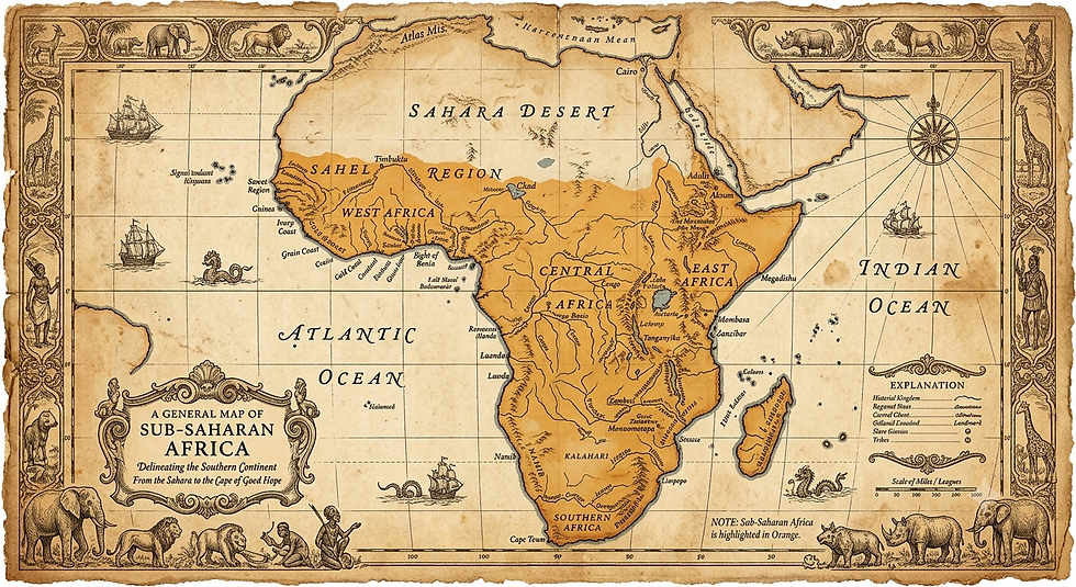 Map highlighting in orange Sub-Saharan Africa (Map AI generated)