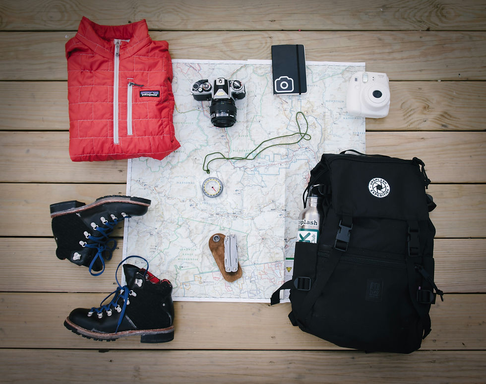 Packing travel kit ready for trip, map, coat, boats, bag, camera, coat
