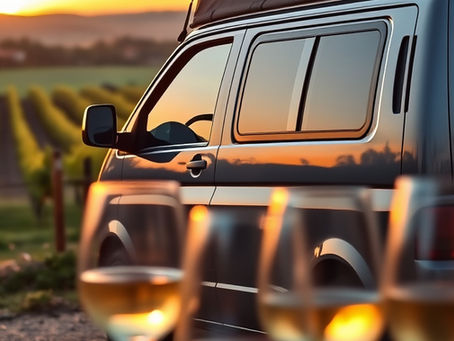 Campervan parked overlooking vineyards at sunset, wine glasses in the foreground