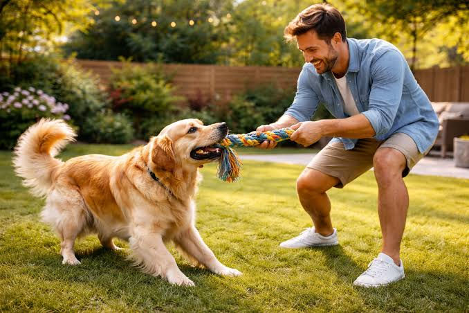 Dog and man playing tug of war