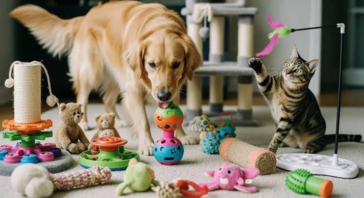 dog and cat with toys