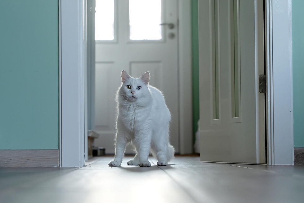 Cat standing in doorway appears confused
