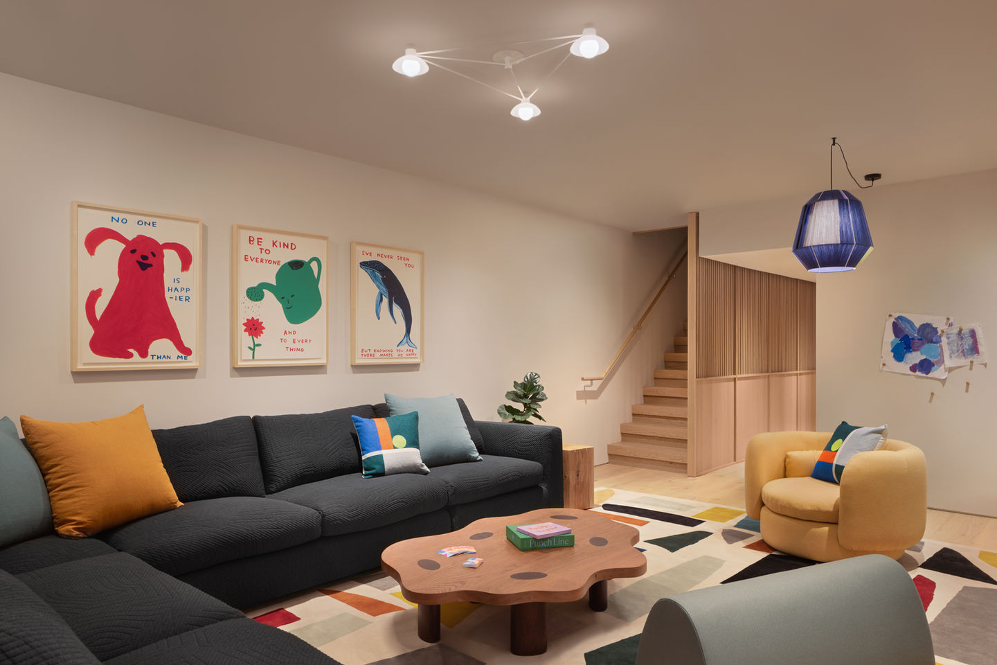 Kid's playroom, play space. David Shrigly prints. Colorful mix of furniture. Emily Lindberg Design