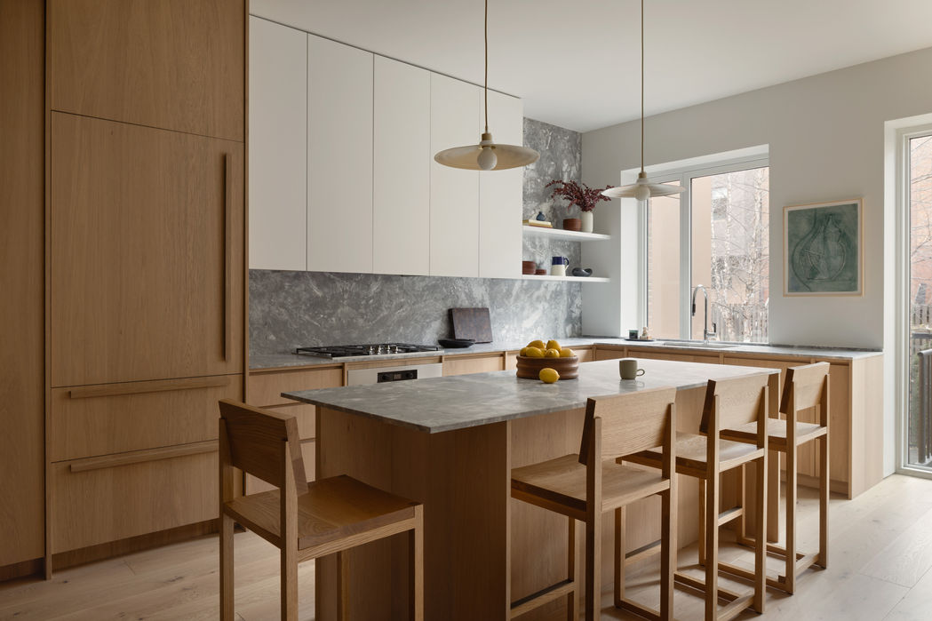 Custom kitchen in oak, Brendan Ravenhill pendants. Emily Lindberg Design