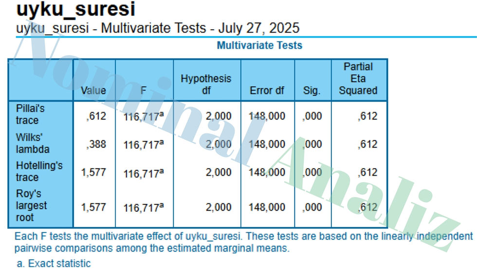 uyku_suresi - Multivariate Tests - July 27, 2025