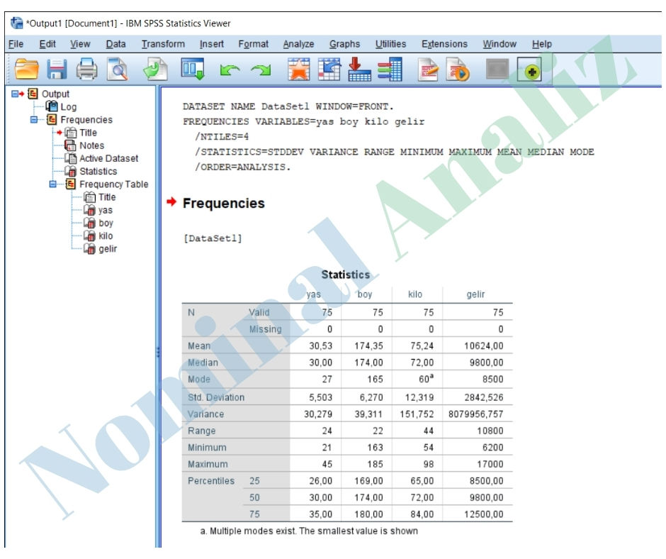 Yaş, Boy, Kilo ve Gelir İçeren 75 Kişilik Bireysel Veri Seti ile SPSS’te Uygulamalı Yayılım ve Merkezi Eğilim Analizleri SPSS çıktısı görseli