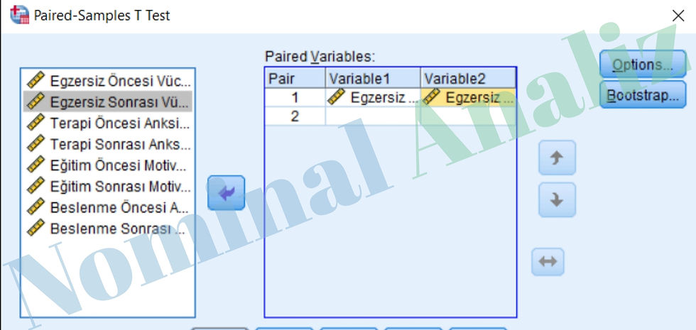Egzersiz Öncesi Sonrası Vücut Kitle İndeksi kg m2 değişkenlerinin Paired Variables kutusuna eklenmesi
