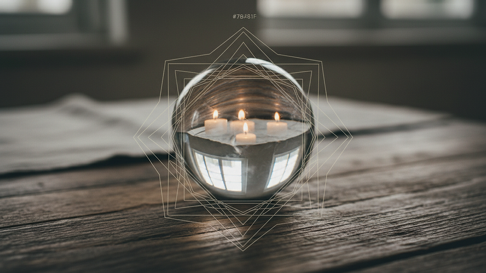 Close-up view of a crystal ball on a wooden table with soft candlelight