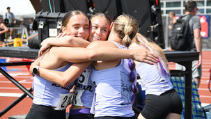 The Baldwin girls 4x800 relay celebrates setting a Class 4A state record.