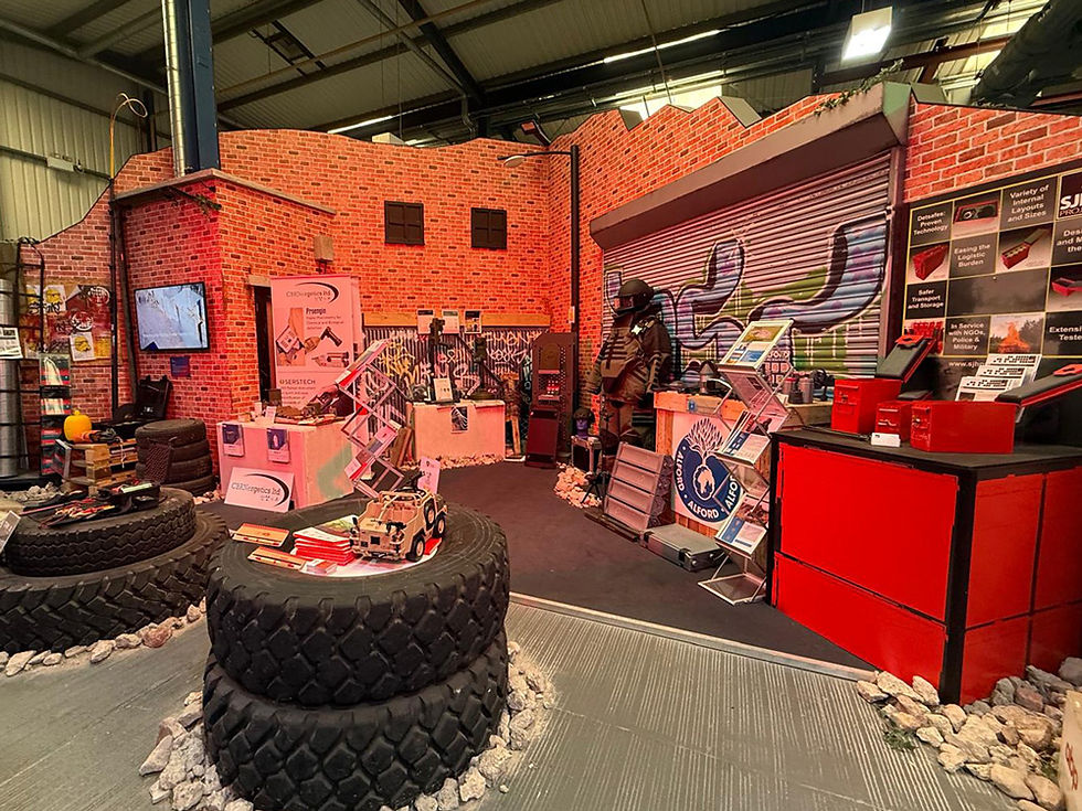 A small exhibition display of defence and security equipment.