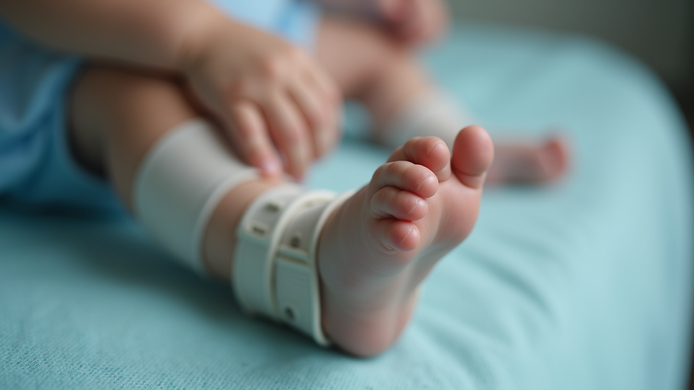 Close-up view of a child's foot in a corrective brace for clubfoot treatment