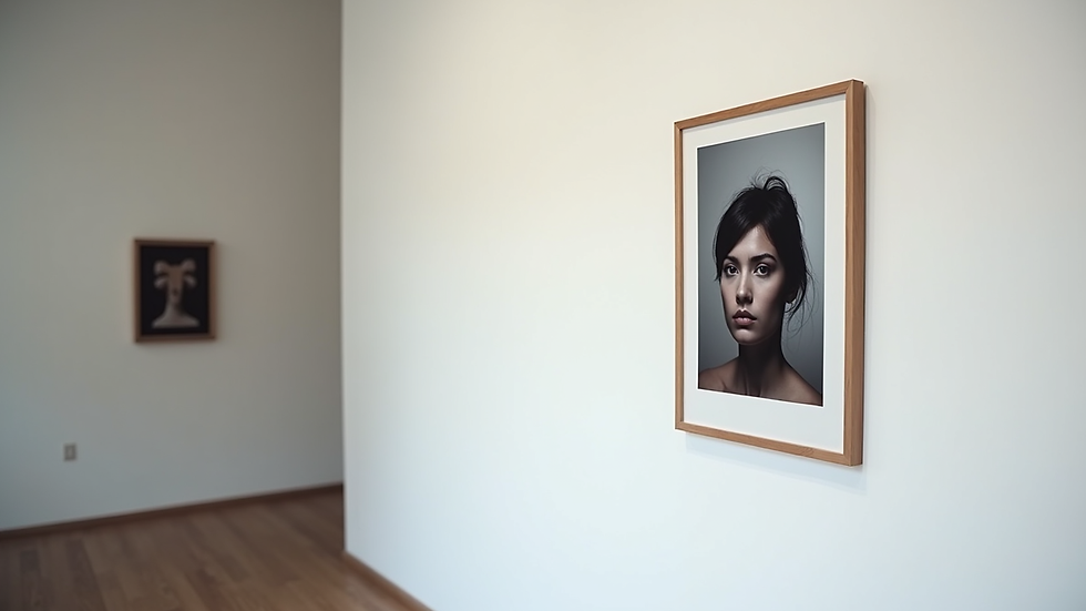 Close-up view of a framed photographic portrait hanging on a white gallery wall
