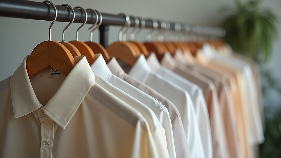 Eye-level view of a clothing rack with organic cotton shirts