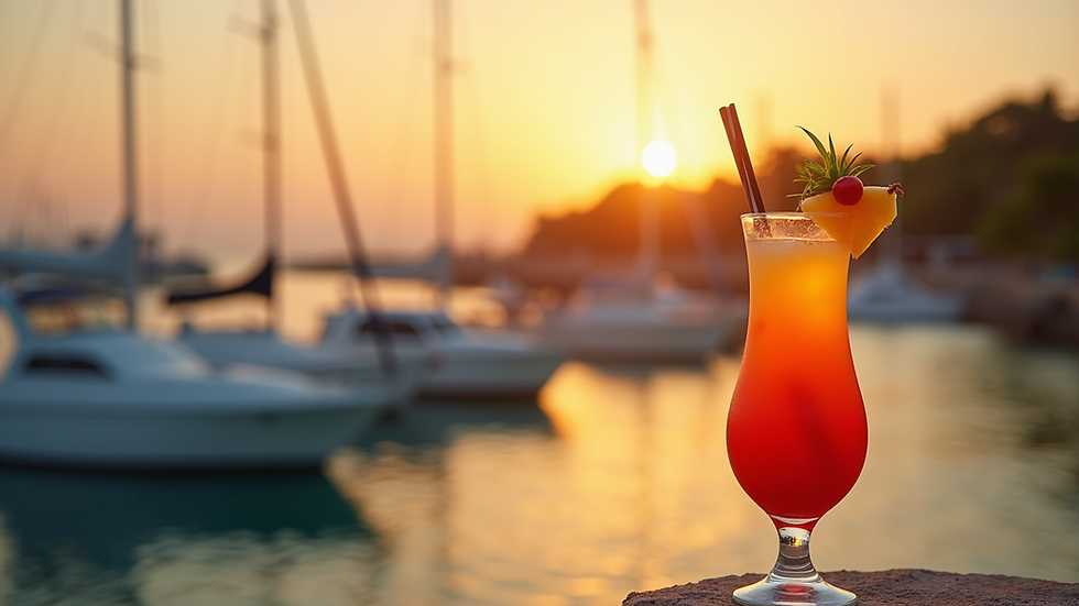 Close-up view of a colorful tropical cocktail with a marina background at sunset