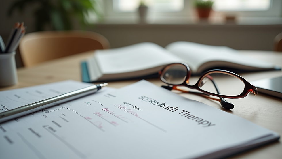 Close-up view of speech therapy materials and tools on a table