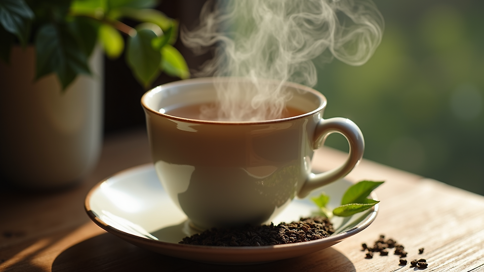 High angle view of a steaming cup of loose leaf tea